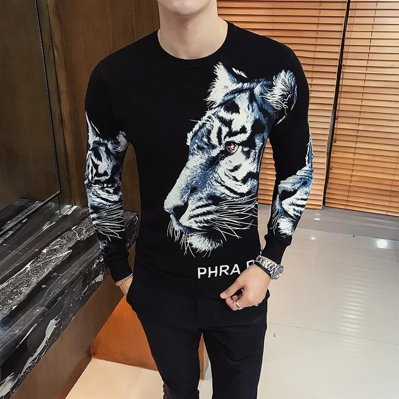 Fringed Sweaters for Bohemian Style -Spring Men's Animal Print O-neck Knitted Pullover Sweater for Club Party