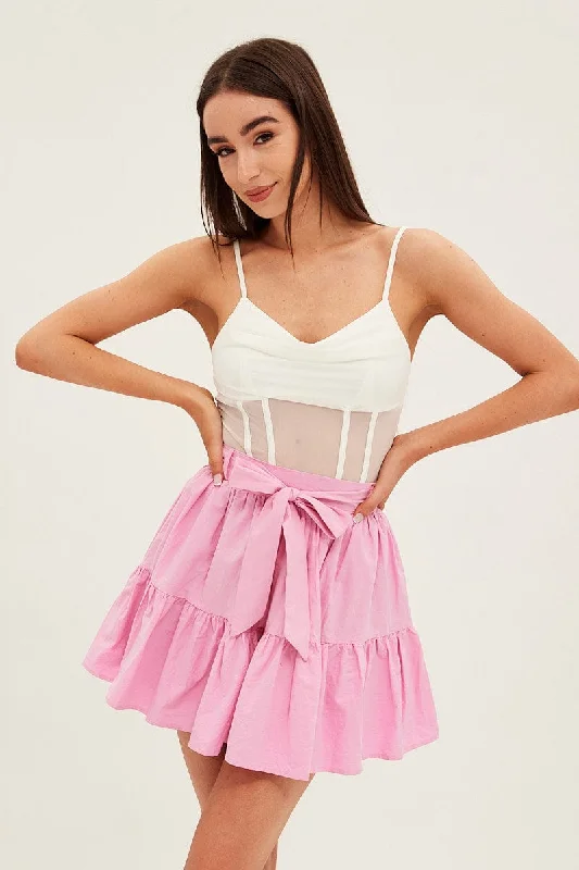 High-waisted mini skirts for retro vibes -Pink Flare Skirt Skater Poplin