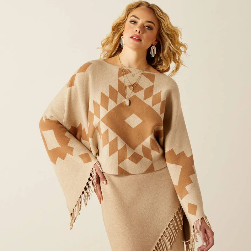 Oversized Cardigan Sweaters for Cozy Look -Ariat Women’s Sunset Chic Sweater Poncho in Southwest Oatmeal & Tannin