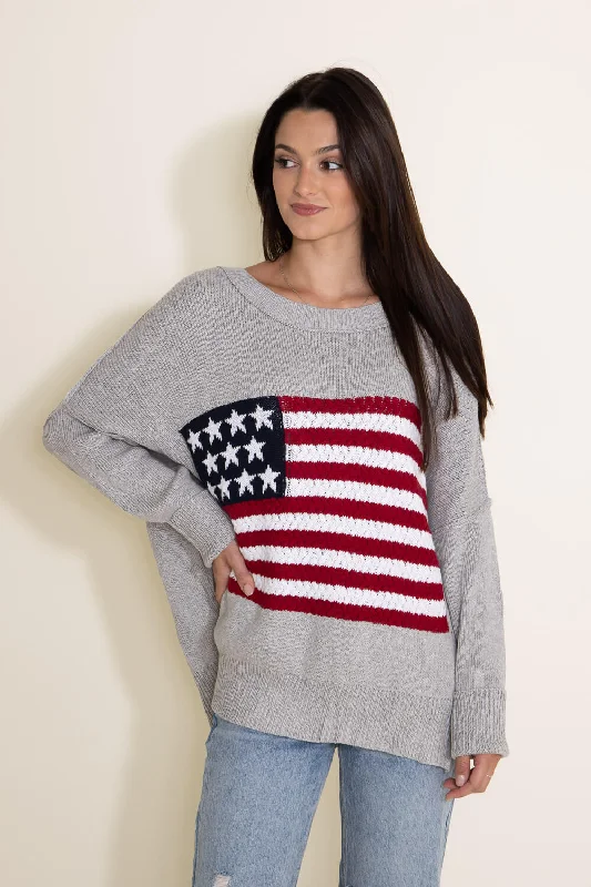 Cuffed - Sleeve Sweaters for Neat Appearance -Miracle Knit American Flag Sweater for Women in Grey | M8167-GREY