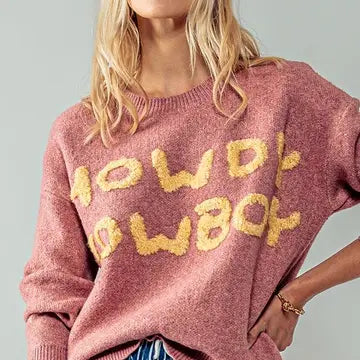 Abstract Pattern Sweaters for Artistic Flair -Women's "Howdy Cowboy" Wordy Knit Sweater in Pink