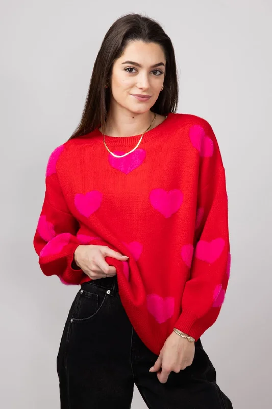 Machine - Washable Sweaters for Convenience -Miracle Multi Hearts Sweater for Women in Red | W8373-RED