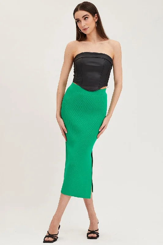 Ruffled skirts with lace trim softness -Green Knit Skirt Midi Side Split