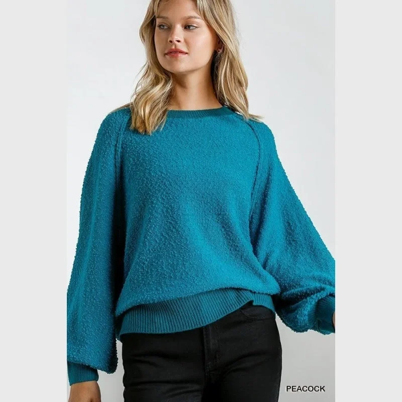 Round Neck Sweaters for Casual Comfort -Women's Peacock Puff Long Sleeves Boat Neck Sweater Top Outerwear