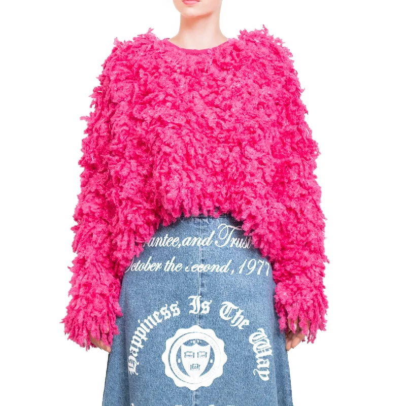 Belted Sweaters for Defined Waist -Sweater with "Boucle Meta fur" concept Fucsia