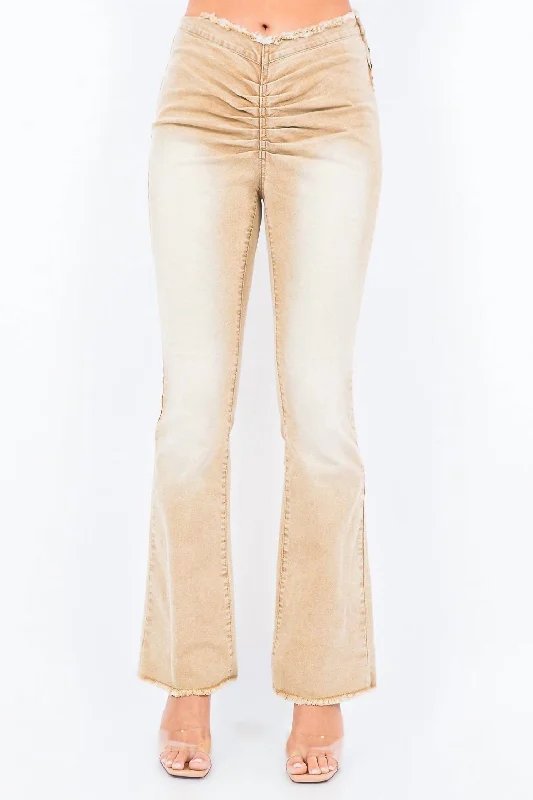 V-Cut Ruched Mid Flare Pants In Tan