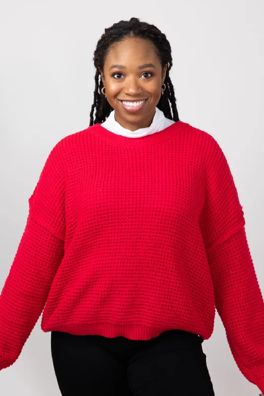 Cropped Sweaters for Modern Fashion -Miracle Waffle Cable Knit Sweater for Women in Red | F196-RED