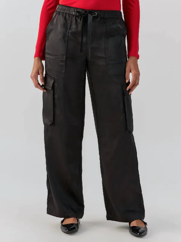 Wide Leg Pants for Summer Vacations -Satin Cargo Wide Leg Pants In Black