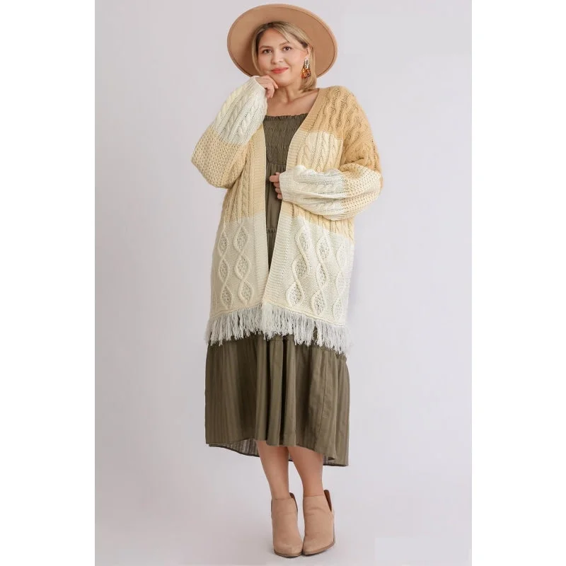 Vintage - Style Sweaters for Retro Look -Women's Natural Mix Patchwork Knit Open Front Cardigan Sweater With Frayed Hem