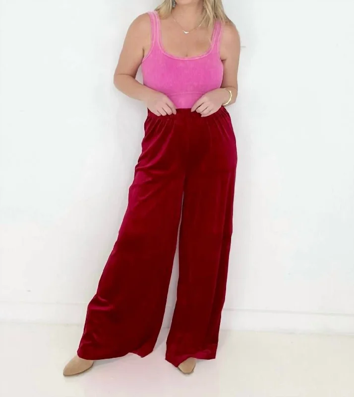 Wool Wide Leg Pants for Warmth -Velvet Wide Leg Pants In Red