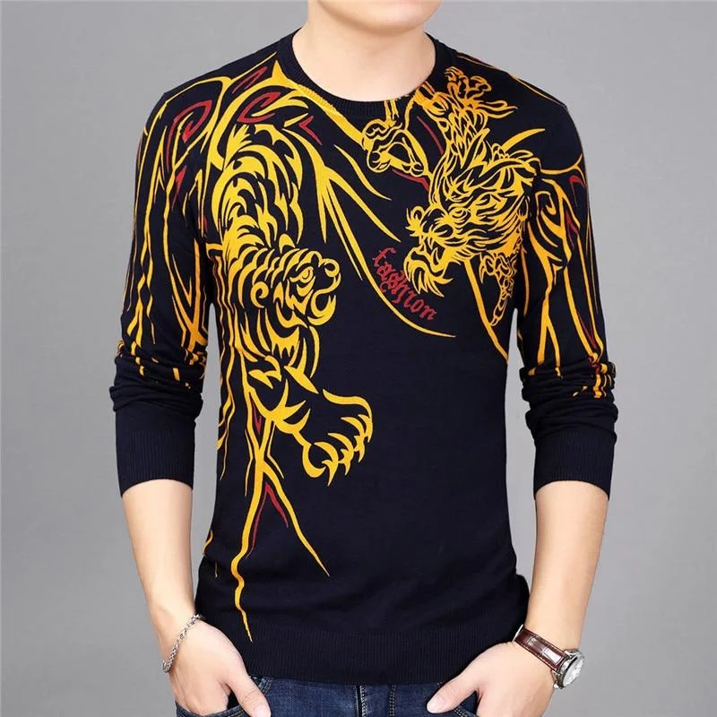 Travel - Friendly Sweaters for Trip -Spring Fashion England Men's Printed O-Neck Slim Fit Pullover Sweater