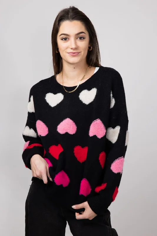 Wrinkle - Resistant Sweaters for Easy Care -Miracle Multi Colored Hearts Sweater for Women in Black | W8378-BLACK