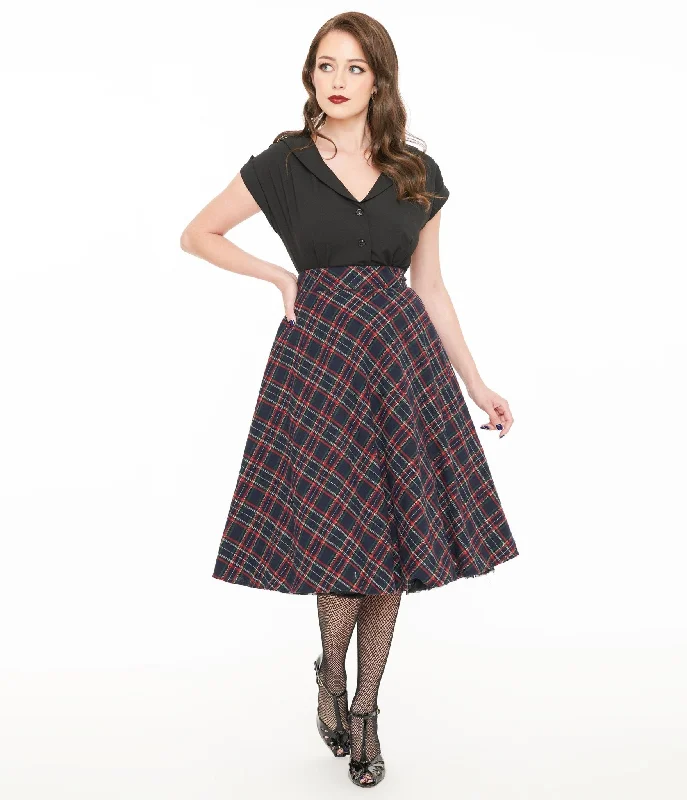 Vintage denim skirts for nostalgic charm -Unique Vintage 1950s Navy & Green Plaid High Waist Vivien Swing Skirt