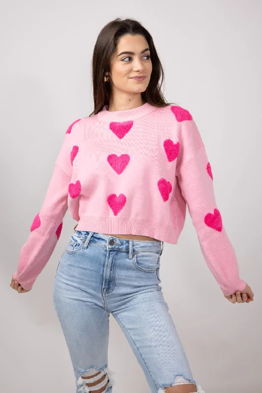 Cuffed - Sleeve Sweaters for Neat Appearance -Simply Southern Cropped Valentines Sweater for Women in Pink | PP-0224-SWTR-CRP-VAL