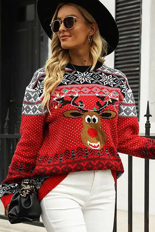 Sustainable Sweaters for Ethical Fashion -Christmas Red Elk Knitted Pullover Sweater