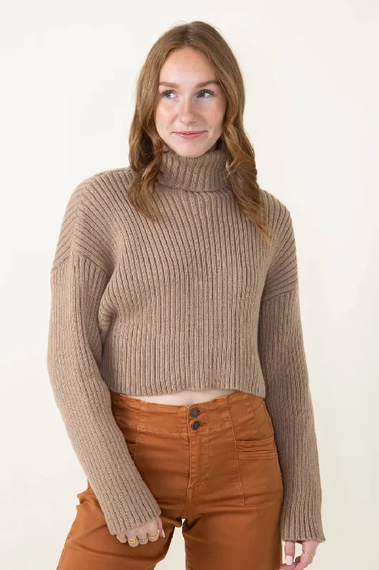 Cotton Sweaters for Everyday Wear -Cropped Turtleneck Sweater for Women in Taupe | MT1573-TAUPE