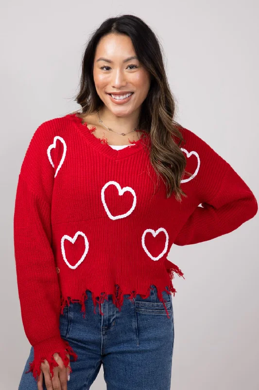 Moisture - Wicking Sweaters for Active -Simply Southern Heart Distressed V-Neck Sweater for Women in Red | PP-0224-SWTR-KNT-VNCK-VAL