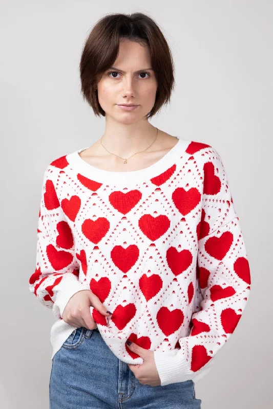 Cable - Trimmed Sweaters for Added Detail -Miracle Kirigami Heart Sweater for Women in Ivory Red | W8372-IVORYRED