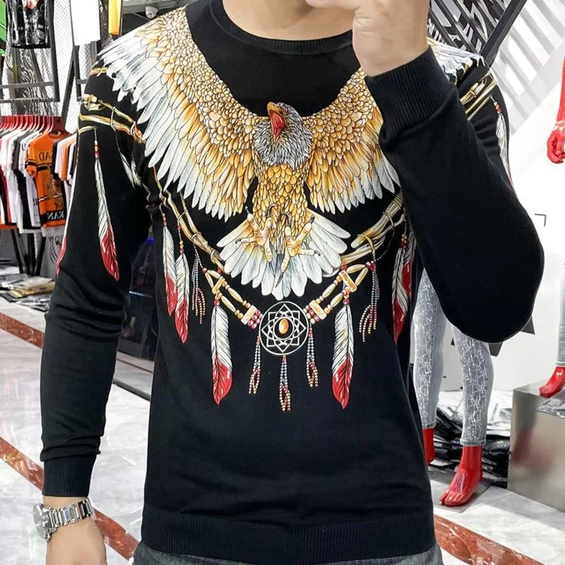 Valentine's Day Sweaters for Romantic Look -Autumn Men's Eagle Pattern Round Neck Long Sleeves Knitting Pullover Sweater