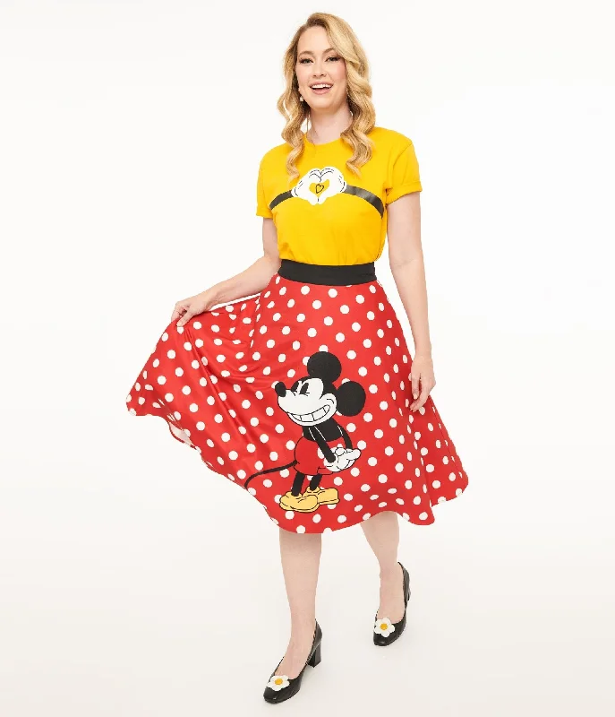 Patterned midi skirts for eye-catching style -Disney Mickey & Friends Collection by Unique Vintage Red & White Polka Dot Mickey Mouse Vivien Swing Skirt