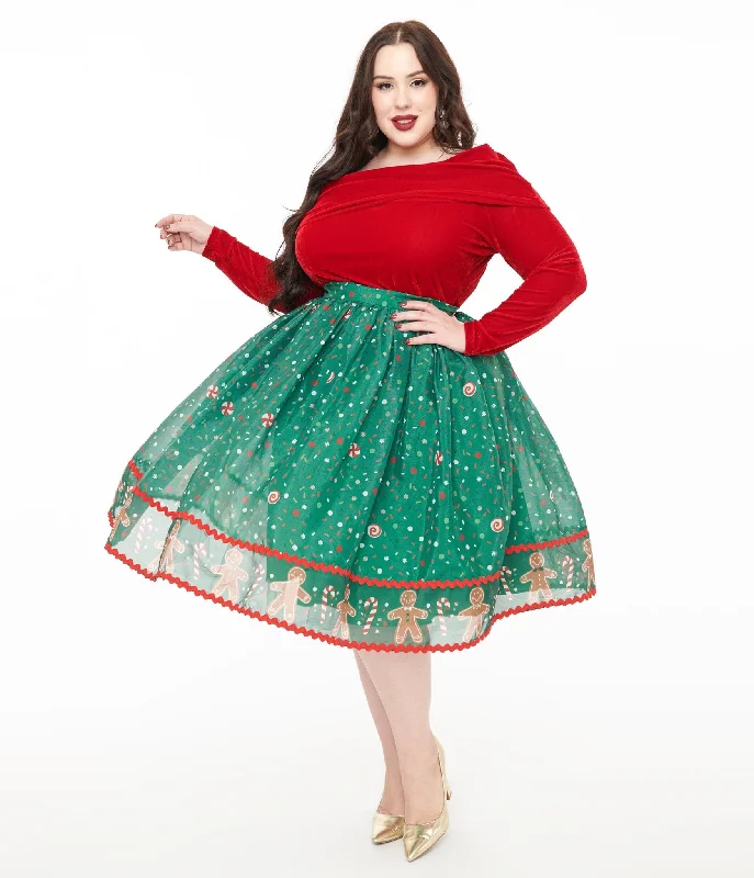 Trendy leather skirts for edgy modern looks -Unique Vintage Plus Size 1950s Green Gingerbread Border Brilliance Swing Skirt