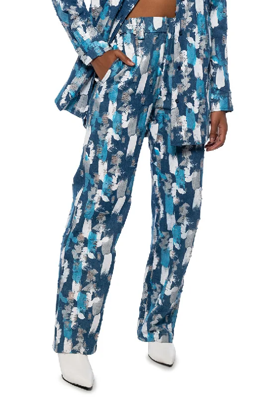 Wide Leg Pants for Family Gatherings -PAINTED BLUE HIGH WAIST WIDE LEG PANT