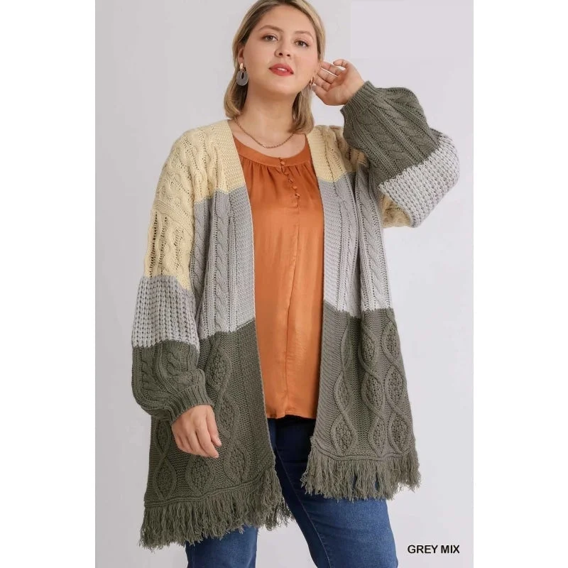 Modern - Design Sweaters for Trendy Fashion -Women's Grey Mix Patchwork Knit Open Front Cardigan Sweater with Frayed Hem