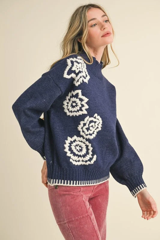 Stretch - Fit Sweaters for Comfort -Flower Embroidered Mock Neck Sweater