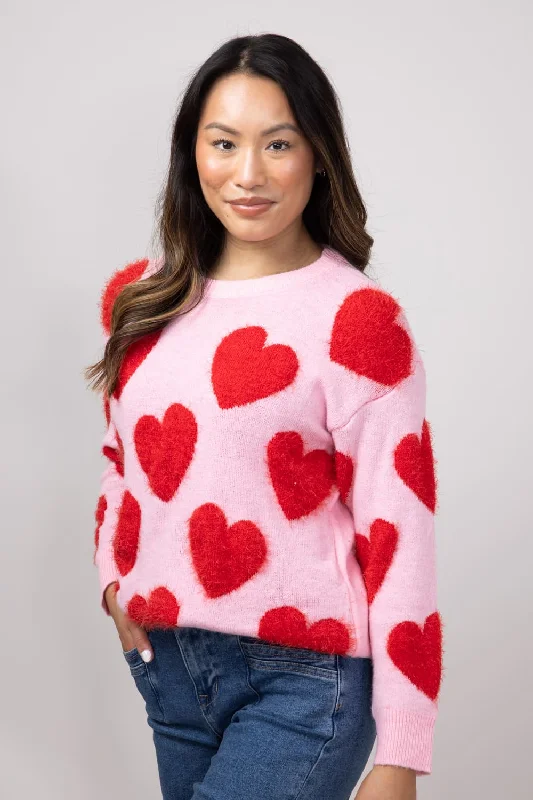 Stretch - Fit Sweaters for Comfort -Simply Southern Fuzzy Heart Sweater for Women in Pink | PP-0224-SWTR-FZY-VALPINK