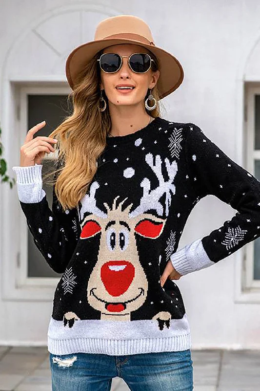 Roll - Neck Sweaters for Cold - Resistance -Black Christmas Reindeer Black Snowflake Sweater