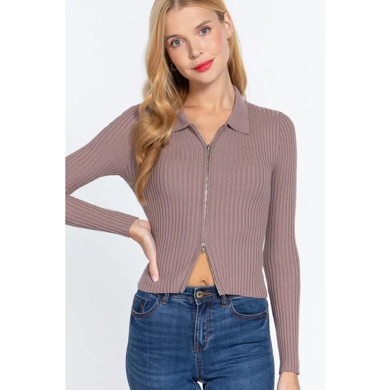 Mohair Sweaters for Soft Texture -Stylish Women's Dusk Mauve Notched Collar Long Sleeves Zippered Sweater