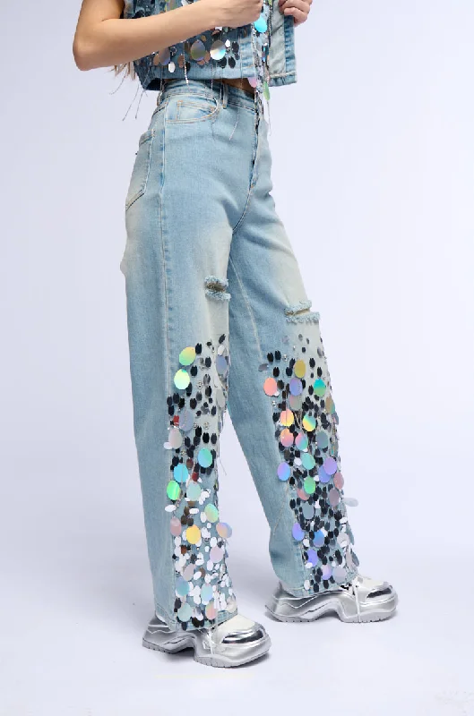 Wide Leg Pants for Yoga Sessions -A GIRL NAMED LUCKY EMBELLISHED WIDE LEG RIPPED JEANS