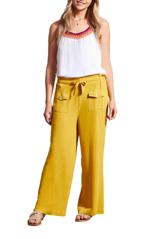 Wide Leg Pants with Lace Trim -Paperbag Pull On Wide Leg Pants In Limoncello