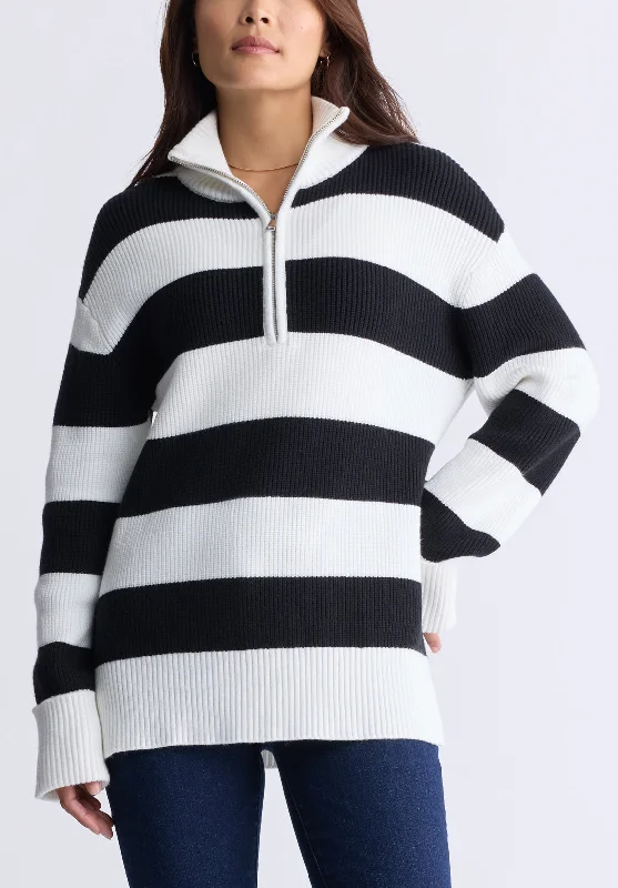 Floral Sweaters for Feminine Touch -Storme Women's Striped Quarter-zip Oversized Sweater, Black & White - SW0089H