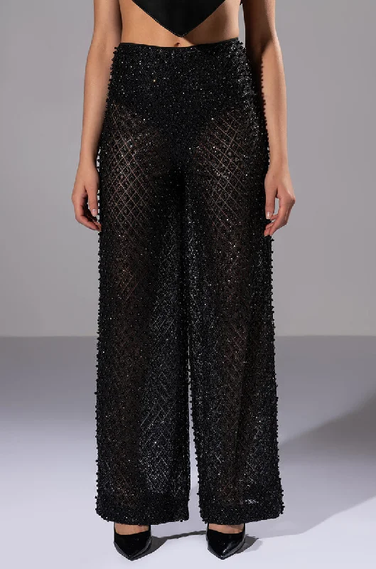 Wide Leg Pants with Fringe -SEXY VILLAIN SHEER WIDE LEG GLITTER DETAIL PANTS