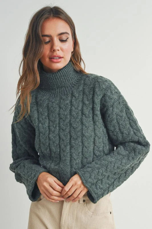 Petite - Size Sweaters for Small - Frame Women -Braided Turtleneck Sweater (Dark Sage)