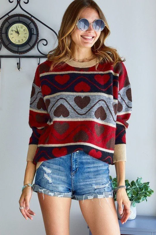 Oversized Sweaters for Relaxed Fit -Heart Pattern Sweater (Red)