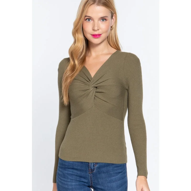 Plus - Size Sweaters for Curvy Women -French Olive Color Long Sleeve V-neck Front Knotted Sweater