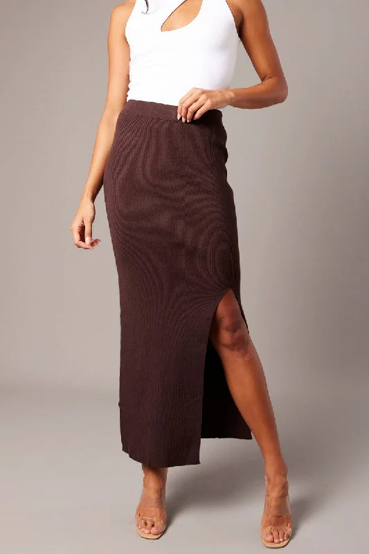 A-line skirts with flared hem elegance -Brown Knit Skirt Front Split High Rise