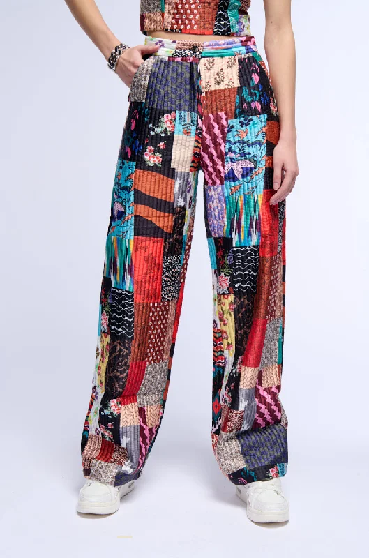 Wide Leg Pants for Office Wear -PATCHWORK QUILTED WIDE LEG PANT