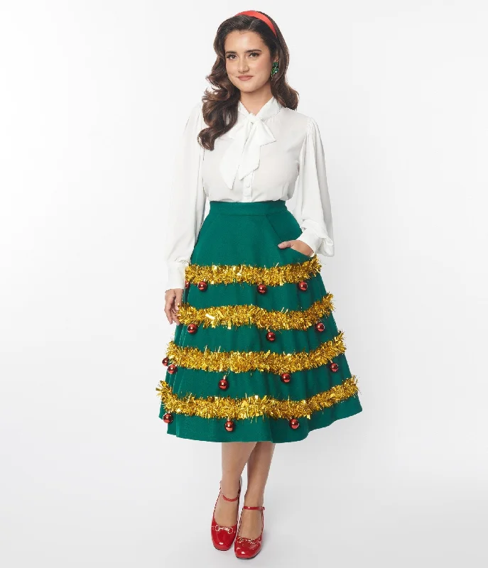 Wrap midi skirts for stylish ease -Unique Vintage Green & Gold Tinsel & Ornament Soda Shop Swing Skirt