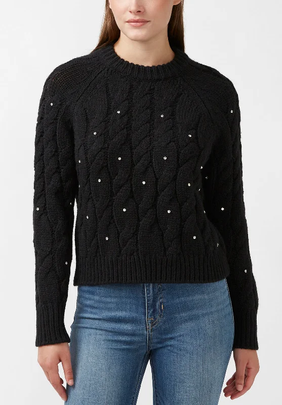 Checkered Sweaters for Casual Vibe -Magari Women's Long Sleeve Crewneck Cable Sweater in Black - SW0030H