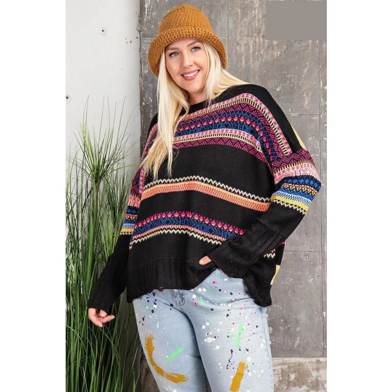 Moisture - Wicking Sweaters for Active -Women's Plus Size Black Boho Patterned Knitted Pullover Sweater