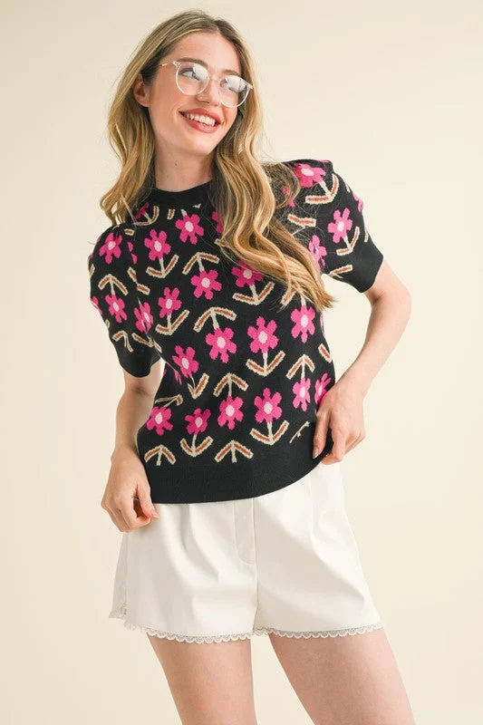 Cardigan Sweaters for Open - Front Style -Floral Short Sleeve Sweater (Black)