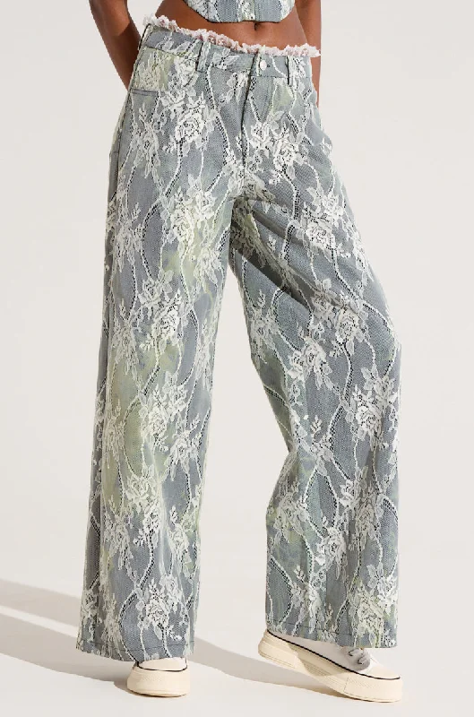 Wide Leg Pants with Patchwork Design -VERONICA FLORAL LACE WIDE LEG DENIM