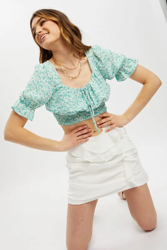 Durable denim skirts for rugged daily wear -White Frill Detailed Ruched Skirt