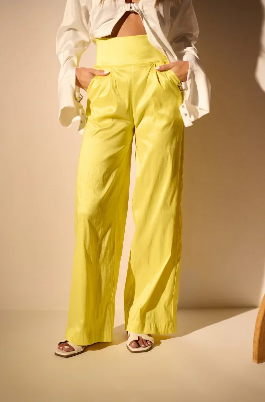 Wide Leg Pants with Side Slits -BIG BOOTY HIGH WAIST WIDE LEG TROUSER IN YELLOW