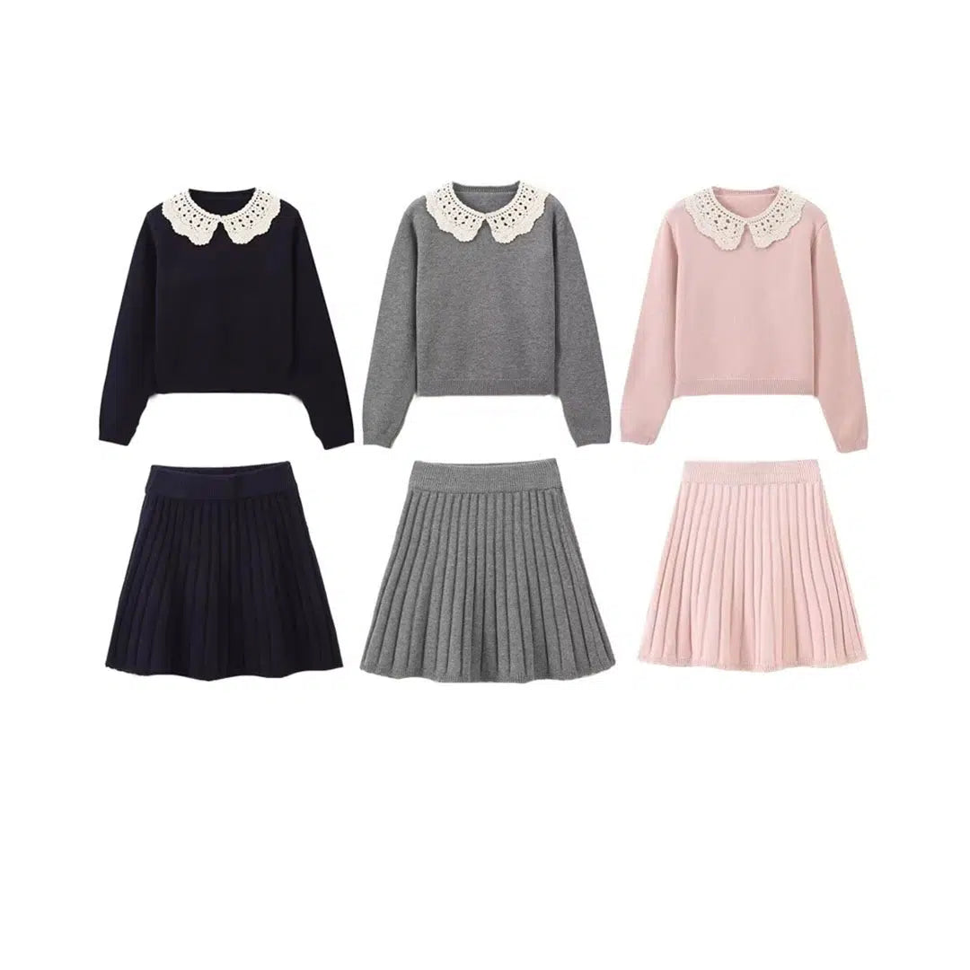 Rhinestone - Embellished Sweaters for Bling -Lace Collar Knit Sweater Pleated Skirt Set