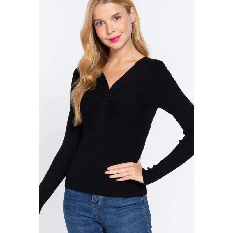 Regular - Fit Sweaters for Standard Size -Black Long Sleeve V-neck Front Knotted Pattern Sweater for Women