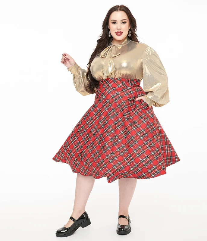 Midi pencil skirts for polished business attire -Unique Vintage Plus Size 1950s Red Plaid High Waist Vivien Swing Skirt